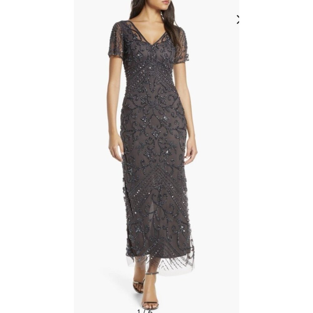 Pisarro Nights Formal Gown 14 Pewter Brown Sequins Short Sleeve Party NEW